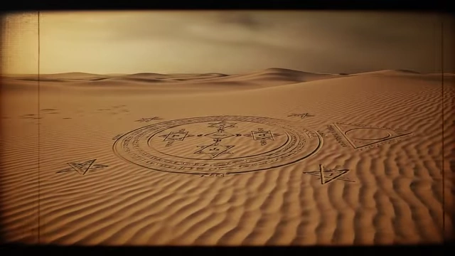 An illustration depicts a magic circle and triangle drawn in the desert sand, the setting for the ritual