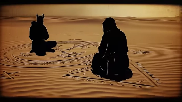 Silhouettes of Crowley and Neuburg are shown in the desert, with Neuburg inside a magic circle and Crowley in a triangle
