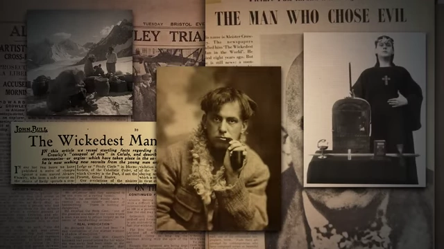 A collage of newspaper headlines and photos depicts Aleister Crowley as a mountaineer and ceremonial magician, with titles like "The Wickedest Man in the World"