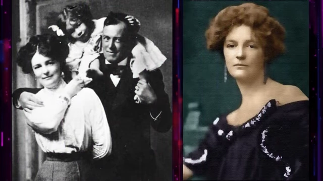 A split image shows Crowley with his wife, Rose Edith Kelly, and their children on one side, and a solo portrait of Rose on the other