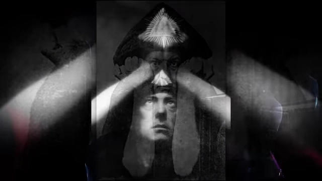 A stylized image of Crowley's face overlaid with occult symbols and rays of light represents his prophetic role