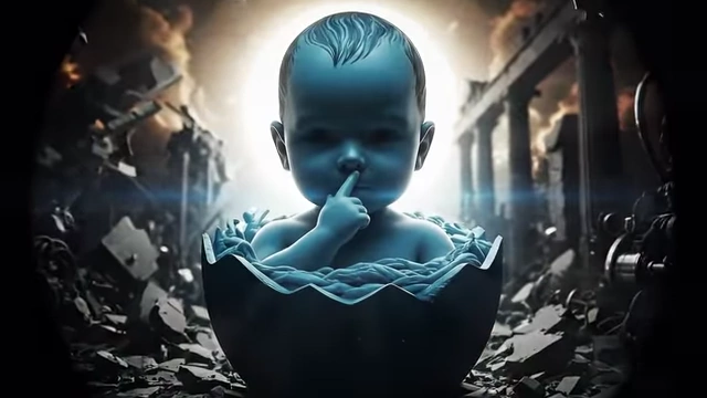 An image of a blue baby in a cracked eggshell against a backdrop of ruins symbolizes the "Aeon of Horus"