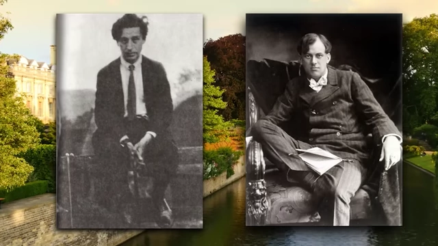 A split image displays black and white photos of Victor Neuburg and Aleister Crowley, set against a background of Cambridge, where they first met