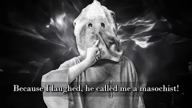 A stylized image of a hooded figure with fingers to their lips and a quote about being called a "masochist" visualizes Crowley's verbal abuse and Neuburg's resilience