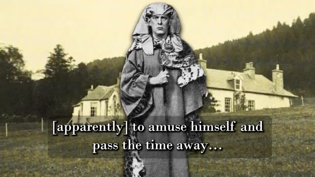 Crowley, dressed in ritual robes, is depicted with Boleskine House in the background, accompanying a quote about his sadistic pleasure