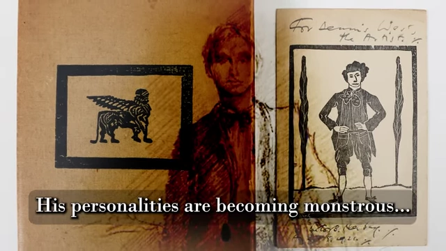 A book cover with art of Crowley is shown with a quote from Neuburg's diary, "His personalities are becoming monstrous"