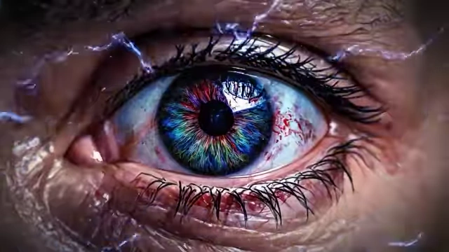A stylized eye with intricate, swirling patterns and electrical currents represents altered states of consciousness