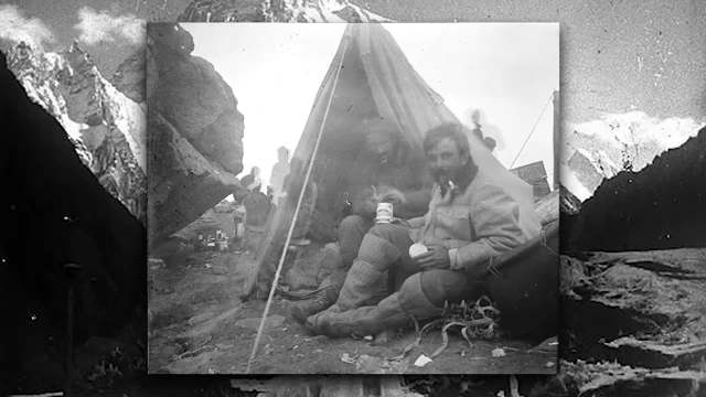 A photo of Crowley in mountaineering gear, highlighting his experience as a world traveler