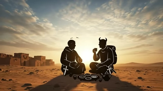 An illustration depicts silhouettes of Crowley and a horned Neuburg having a meal in the desert, symbolizing their journey