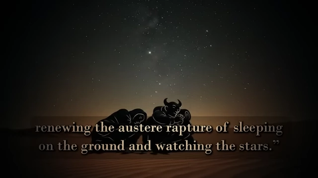 An illustration of two figures sleeping under a starry desert sky, accompanied by a quote about renewing the "austere rapture of sleeping on the ground and watching the stars"