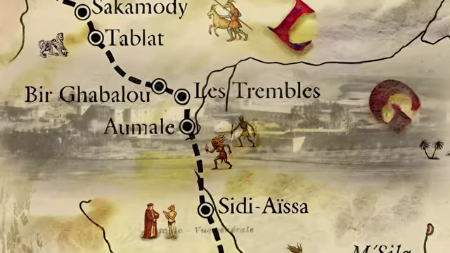 A map with a dotted line marks Crowley and Neuburg's journey through Algerian towns, including Aumale