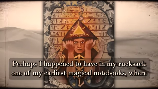 A painting of Aleister Crowley is overlaid with text from his magical notebooks, describing the Enochian keys