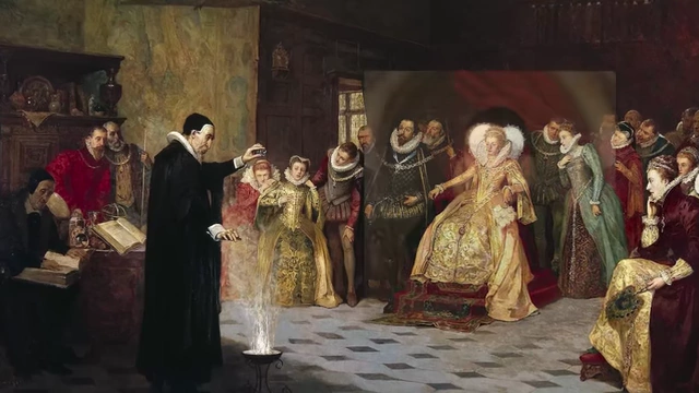 A painting depicts John Dee and Edward Kelly scrying with angels, illustrating the origin of Enochian magic
