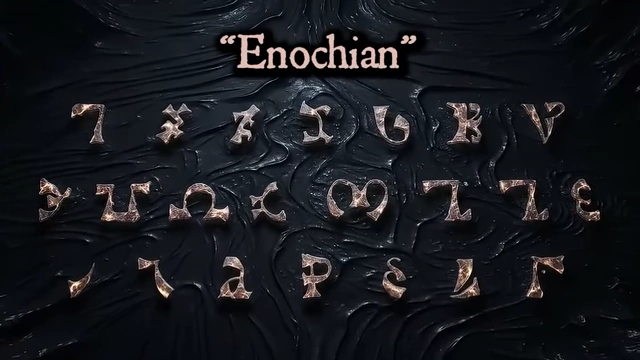 The word "Enochian" is displayed with its unique alphabet symbols, representing the secret language of angels