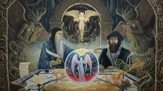 A detailed illustration portrays John Dee and Edward Kelly during a scrying session, with Dee as the scribe and Kelly as the scrier