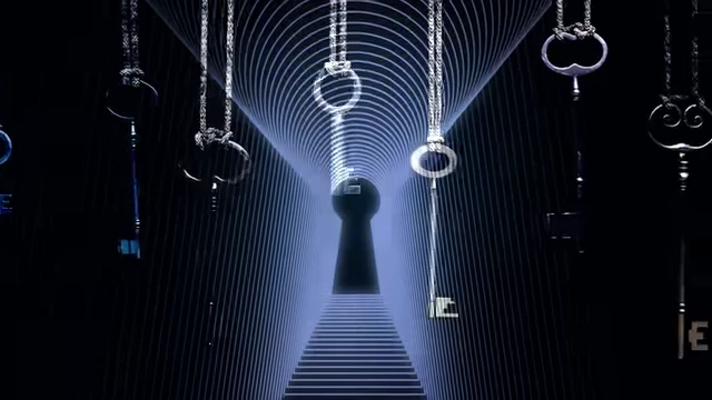 An animation shows a keyhole opening into a tunnel lined with Enochian keys, symbolizing access to spiritual dimensions