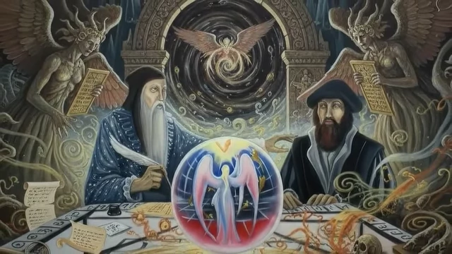A painting depicts John Dee and Edward Kelly during a scrying session with angels, their partnership was short-lived