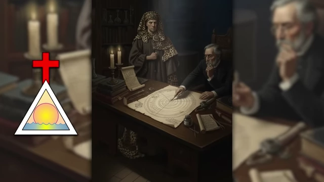 A painting depicts members of the Hermetic Order of the Golden Dawn studying ancient texts, symbolizing their pursuit of Enochian magic