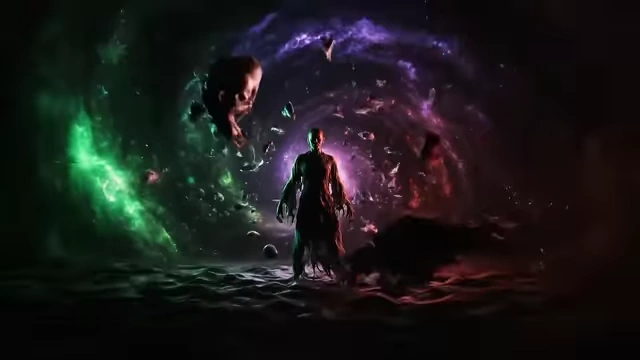 An image of a human figure standing in a chaotic, colorful cosmic void visualizes disorientation and "magical madness"