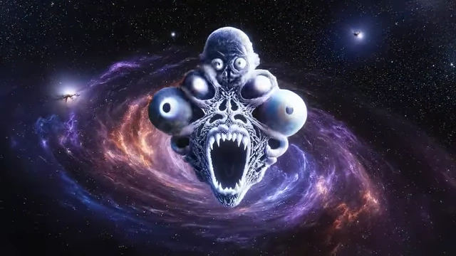 A monstrous, multi-eyed demon face floats in space, representing Choronzon, the "Demon of Dispersion"