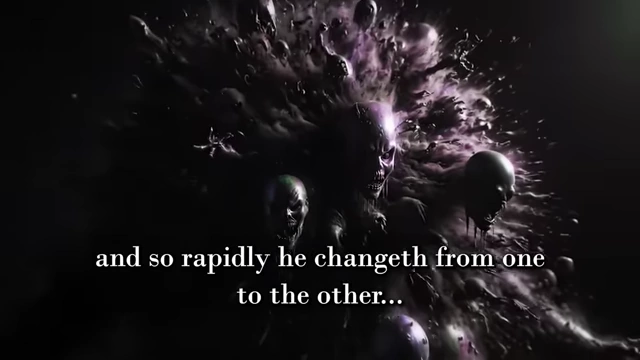 An abstract, dark figure rapidly changes forms, accompanied by a quote describing Choronzon's shapeshifting and chaotic nature