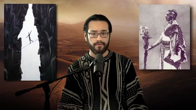 A painting depicts a figure walking a tightrope across a chasm between two stylized faces, symbolizing the peril of crossing the abyss