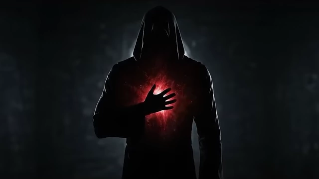 A hooded silhouette with a glowing red heart represents being "cut off from the divine forever"