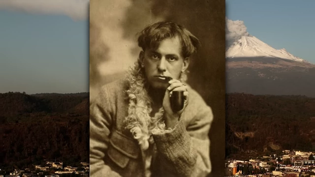 A photo of young Crowley is shown against a backdrop of a volcano in Mexico, representing his initial failed attempt to explore the Aethyrs
