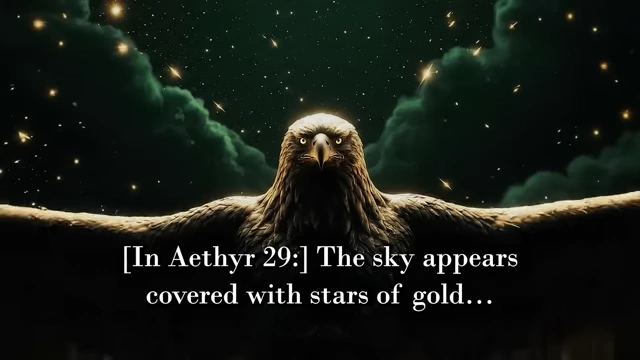 An image of an immense eagle angel with golden stars in the sky illustrates a vision from Aether 29, described as incomprehensible