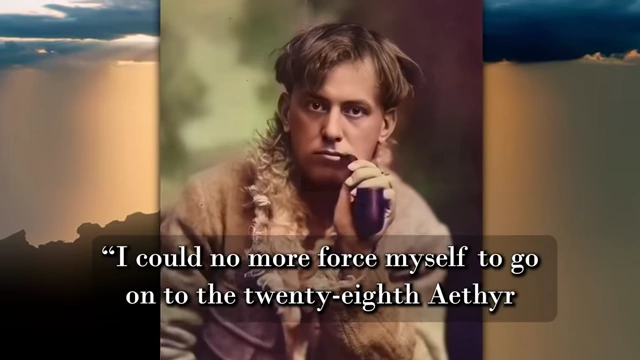 A colorized photo of a younger Crowley is shown with a quote where he states he "could no more force myself to go on to the twenty-eighth Aether than I could have thrown myself from a cliff"