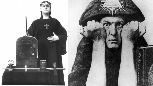 A collage shows Aleister Crowley in various ritual attires, representing his progression through magical grades and readiness