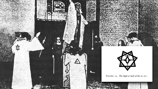 A black and white image depicts a ritual with participants in robes and the Sigil of the A∴A∴ (Astrum Argentum) organization