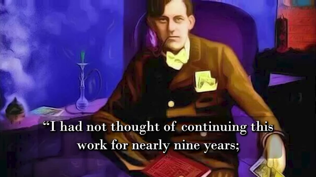 A painting of Crowley is shown with a quote describing the sudden "lightning" instruction to resume his Aethyr work in Aumale