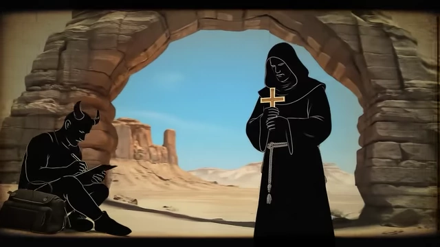 An illustration depicts Crowley (hooded figure) scrying into a cross and Neuburg (horned figure) writing in a desert cave, symbolizing their roles in the invocation
