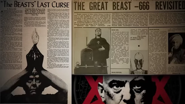 A collage of newspaper clippings features headlines like "The Great Beast - 666," contextualizing Crowley's self-identification