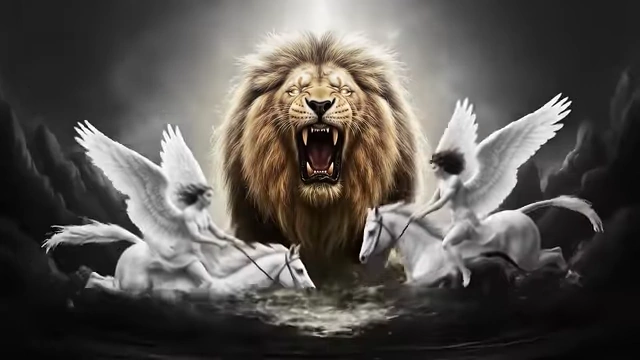 An illustration depicts a fierce lion devouring angelic figures on white horses and a black bull, symbolizing the "great beast" overthrowing old gods