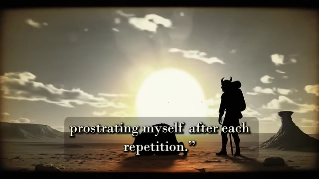 A silhouette of Crowley prostrating himself in the desert at sunset, with a quote about reciting the Quranic verse 1001 times daily