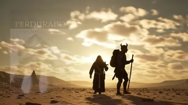 An illustration of Crowley and Neuburg walking through the desert, with Crowley's magical motto "Perdurabo" (I shall endure) visible