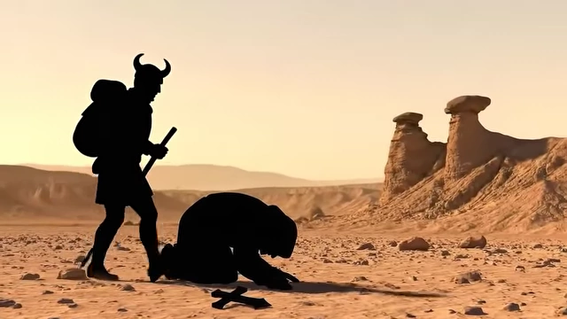 An illustration of a horned figure walking past a prostrating figure in the desert, symbolizing Crowley's physical and mental submission through repetitive actions