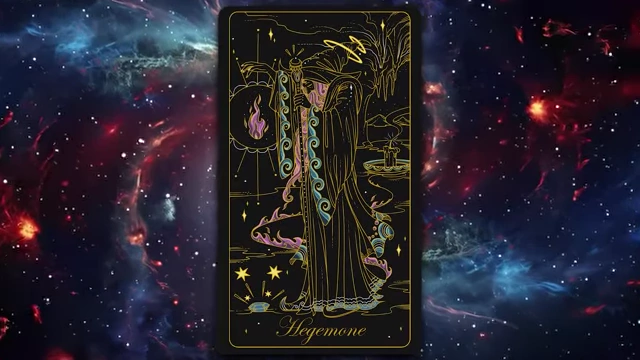 A stylized tarot card of "Hegemone," the ritual officer who guides candidates through initiation in the metaphysical realm