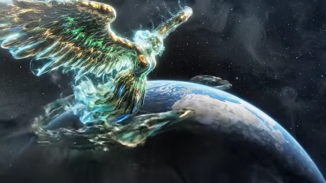 An ethereal, massive angel wraps around the Earth in space, representing an indescribably large being from Crowley's vision
