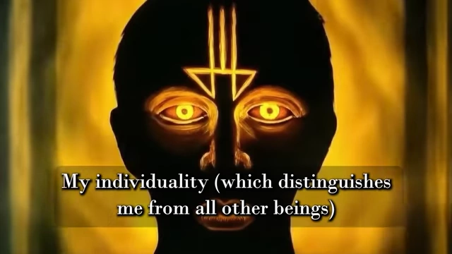 A stylized face with occult symbols on the forehead is accompanied by a quote about "individuality" being "iniquity" and the need for "selfhood to be annihilated"
