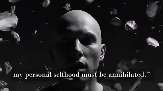 A bald head shatters into fragments, illustrating the concept of "personal selfhood must be annihilated"