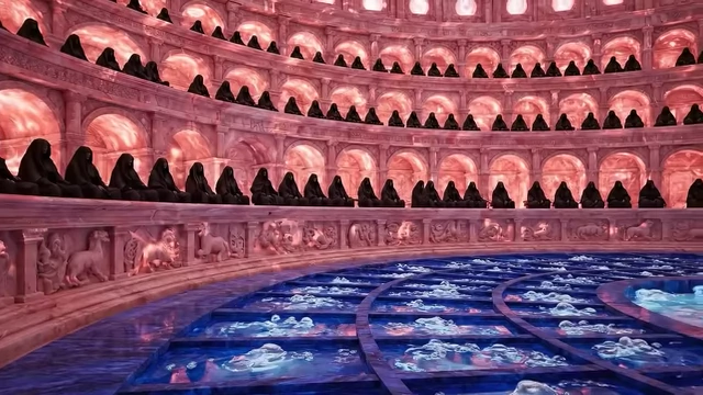 A grand amphitheater carved from rose-colored marble, filled with liquid mercury, visualizes the setting of Crowley's trial in the 15th Aethyr