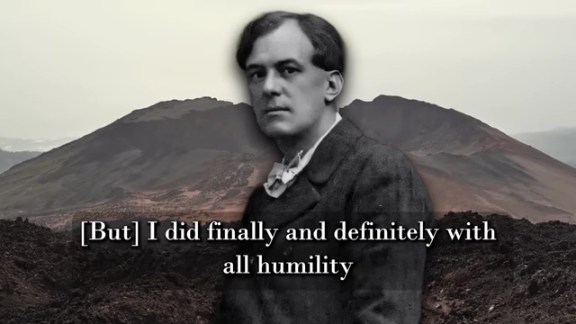 A black and white photo of Aleister Crowley is superimposed over Mount Dala Adden, with a quote about the mysterious ceremony performed on its summit