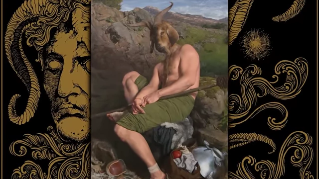 A classical painting of the god Pan, a lustful goat god, is depicted