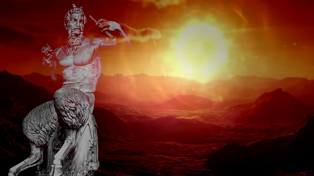 A statue of Pan is shown against a fiery sunset, symbolizing Victor Neuburg's invocation and possession by the god