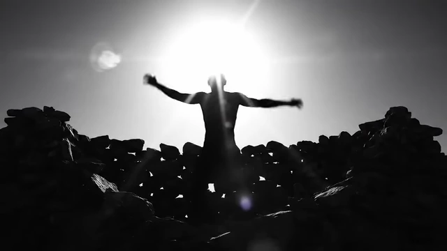A silhouette of Victor Neuburg, with arms outstretched, embodying Pan in a frenzy