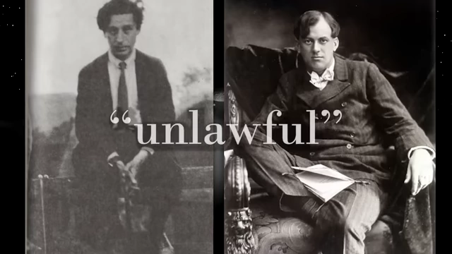 A split image of Victor Neuburg and Aleister Crowley, with the word "unlawful" prominently displayed, highlighting the illegality of homosexuality in Britain at the time