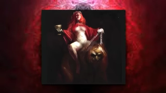 A painting of Babylon the Great, the scarlet woman, riding upon a seven-headed beast, visualizes a key figure in Crowley's theology